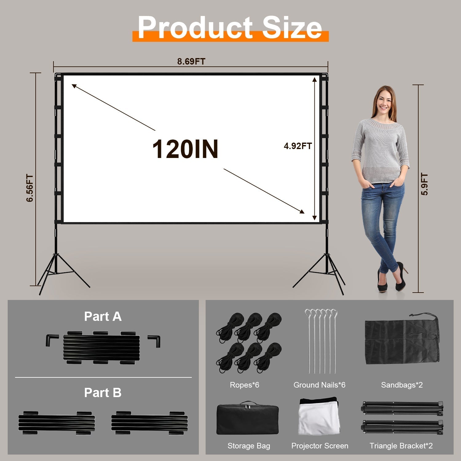 1Pc 120inch Or 100inch Projector Screen With Stand 16 9 4K HD Rear