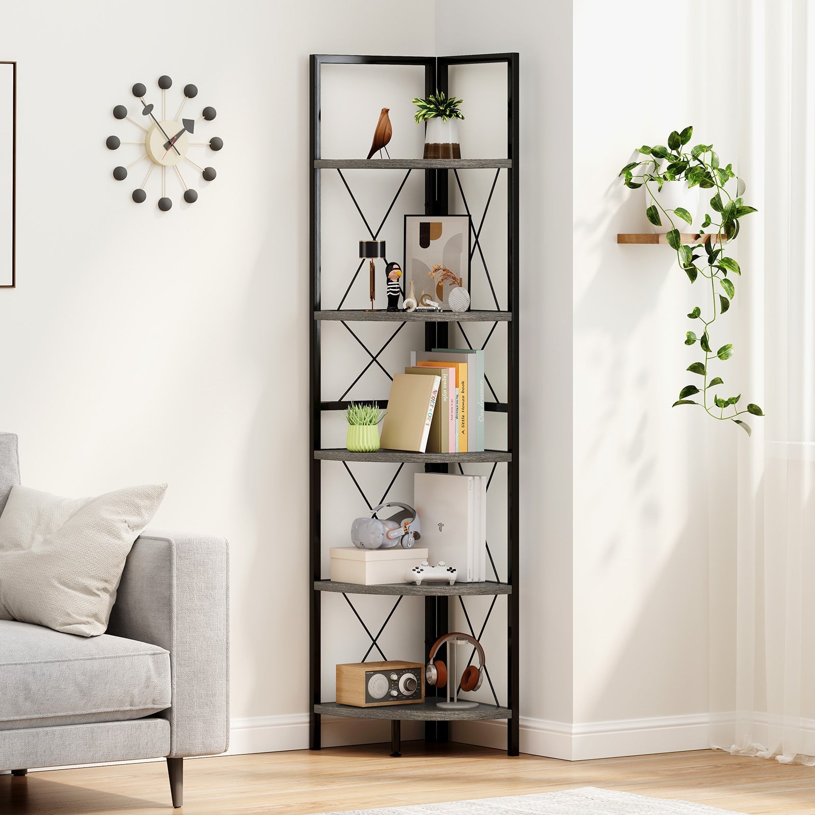 5-Tier Freestanding Corner Shelf 63 Inch Tall Storage Rack-Oak