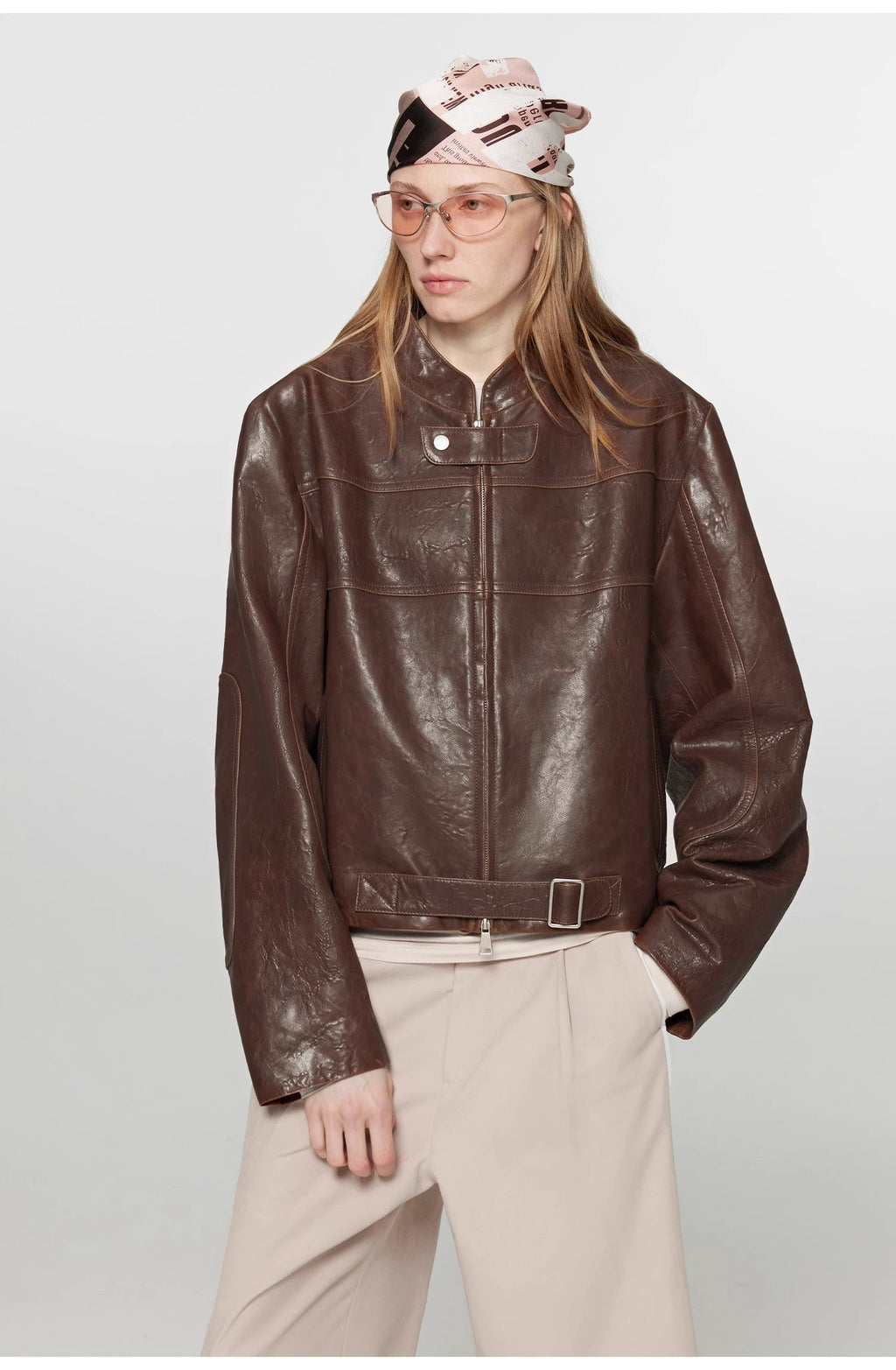 Retro Sheepskin Stand Collar Short Motorcycle Jacket “Caramel