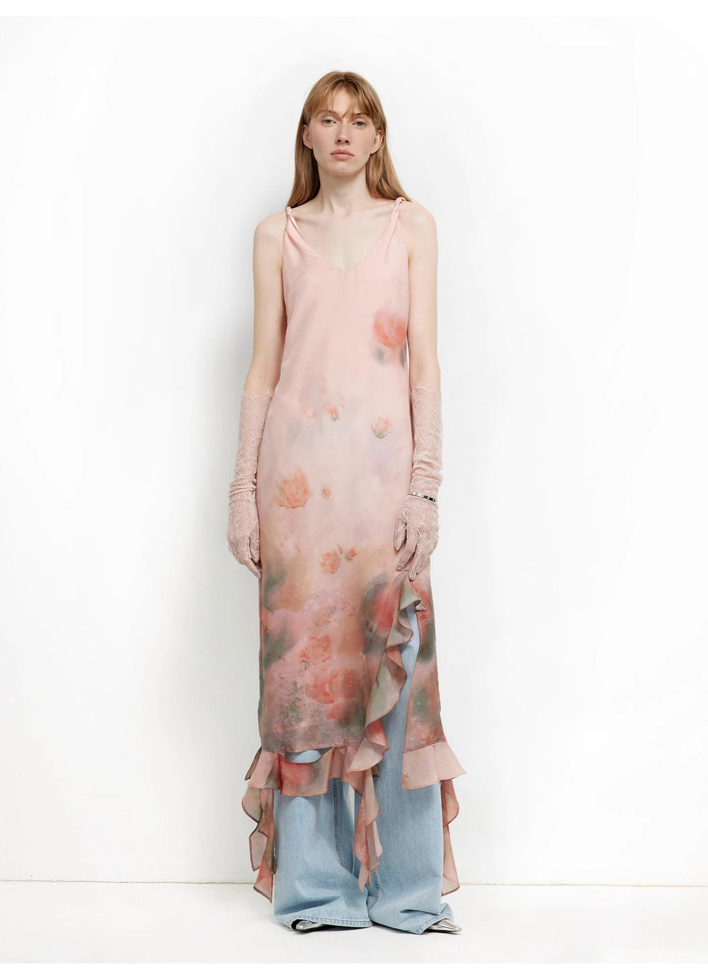Acetate Mulberry Silk V-Neck Ruffled Draped Twist Strap Summer Dress