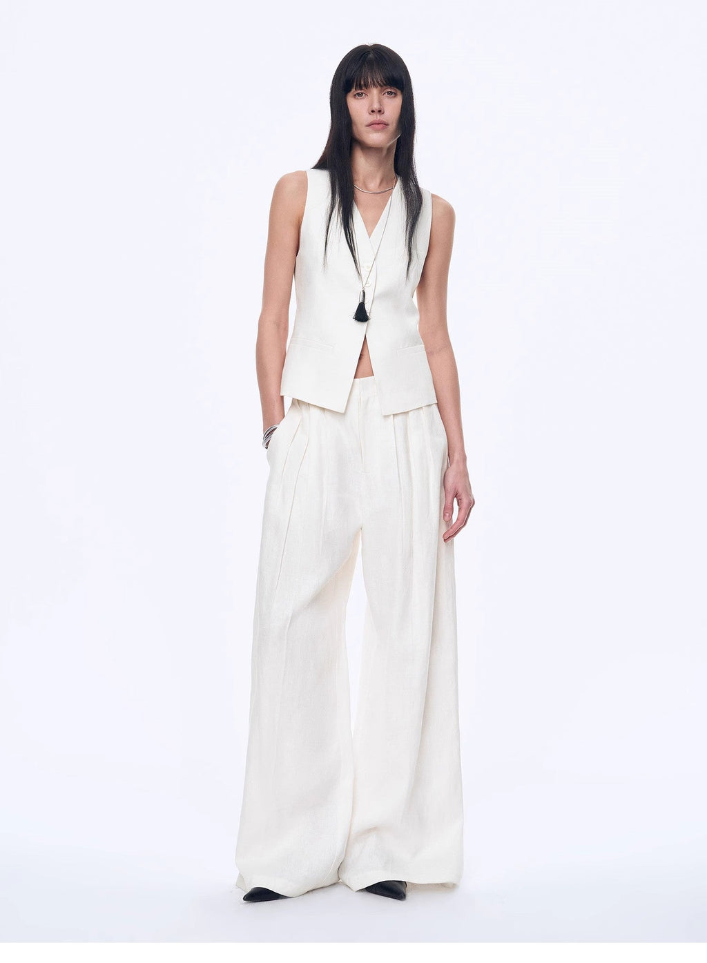 Fireladyfur Women's Linen Suit Set: Draped Vest & High-Waist Straight