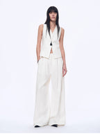 Fireladyfur Women's Linen Suit Set: Draped Vest & High-Waist Straight