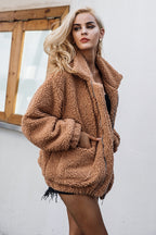Faux lambswool oversized jacket coat Winter black warm hairly jacket