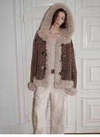 Fireladyfur Women's Shearling Coat - Drop Shoulder Hooded Merino Wool