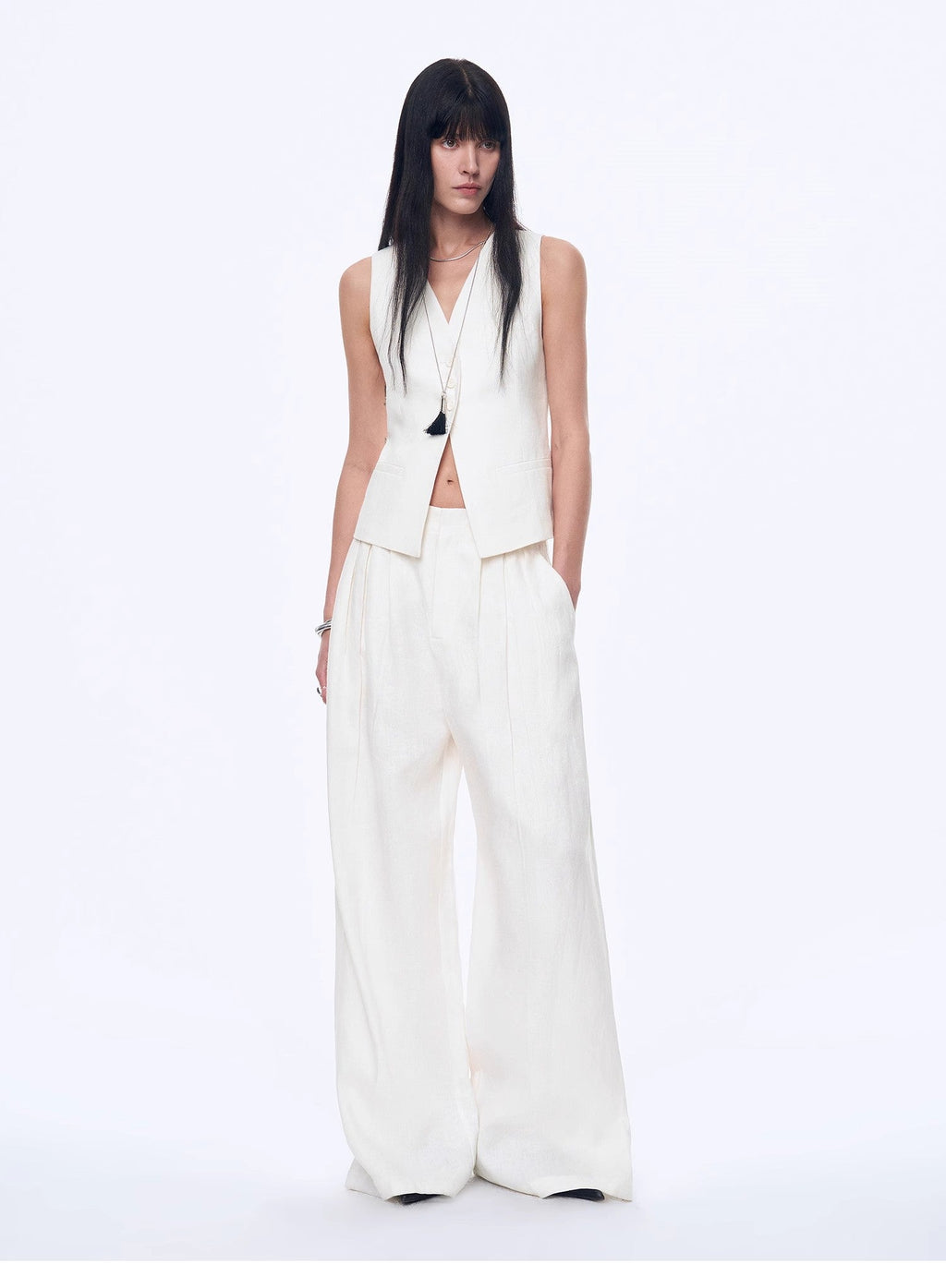Fireladyfur Women's Linen Suit Set: Draped Vest & High-Waist Straight