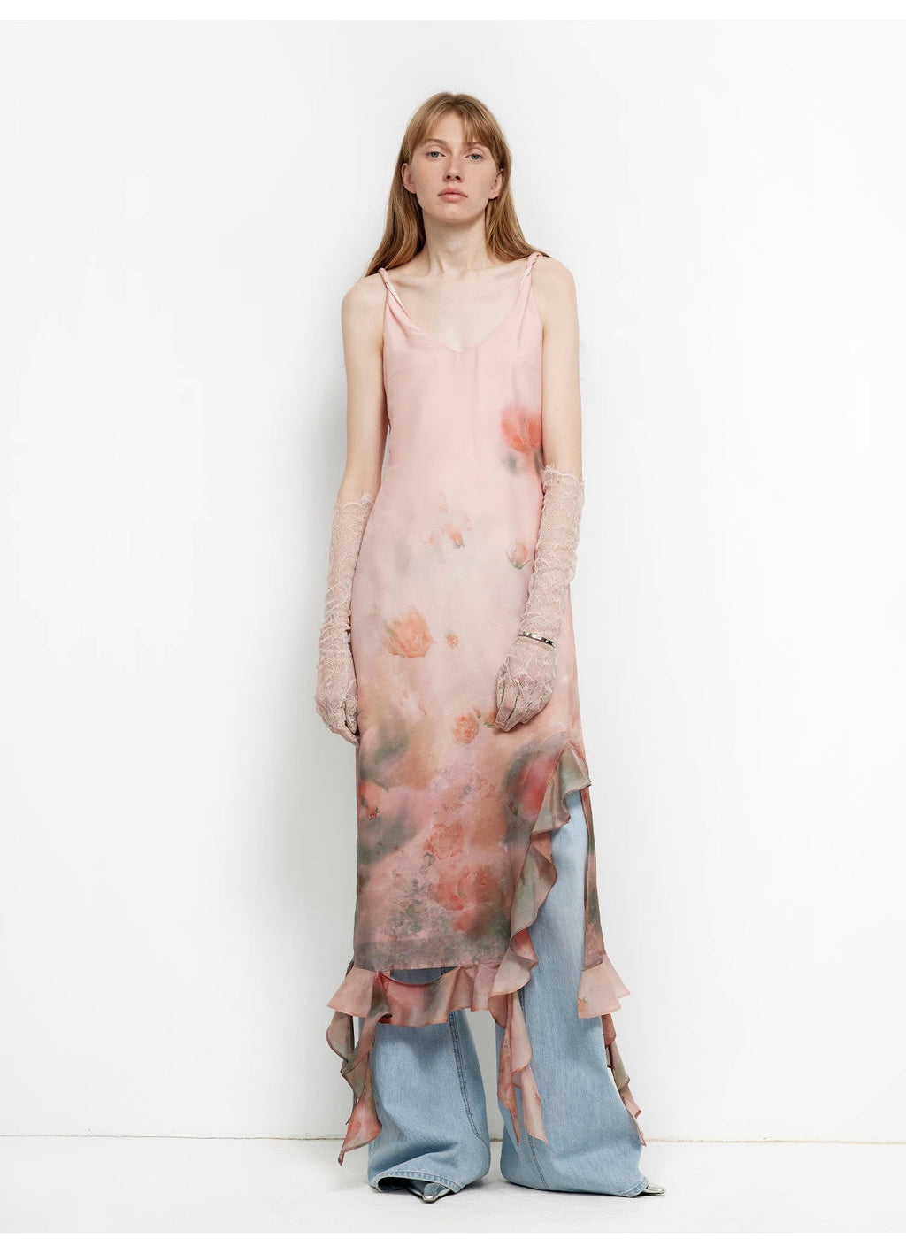 Acetate Mulberry Silk V-Neck Ruffled Draped Twist Strap Summer Dress