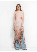 Acetate Mulberry Silk V-Neck Ruffled Draped Twist Strap Summer Dress