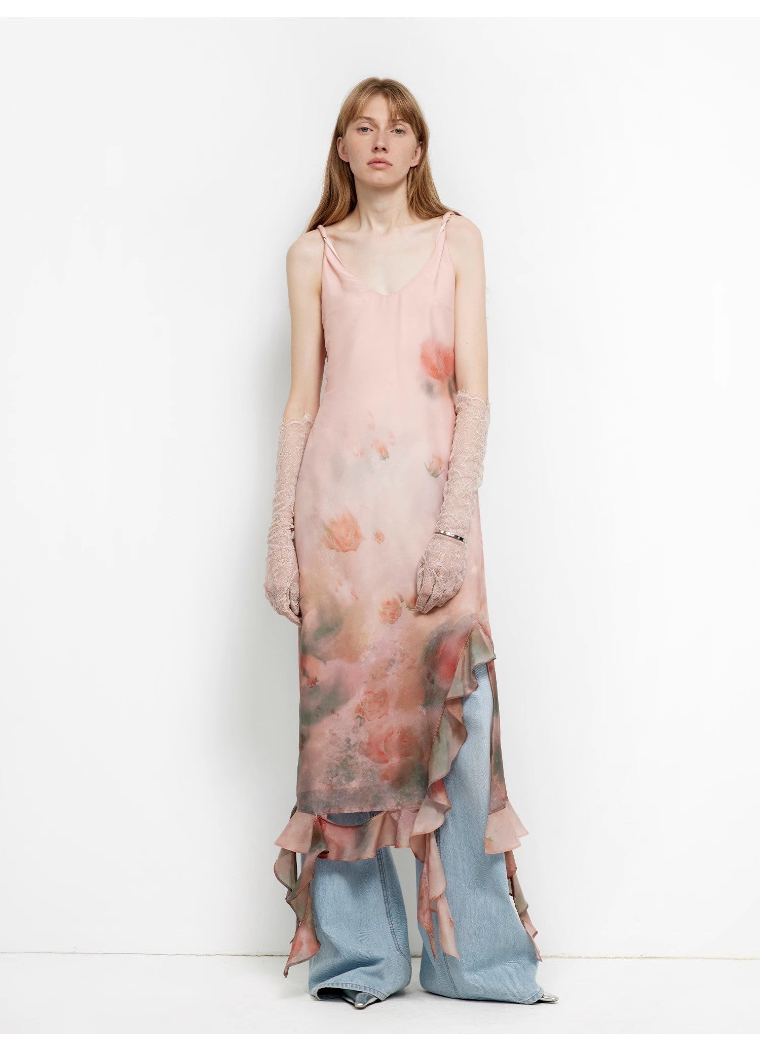 Acetate Mulberry Silk V-Neck Ruffled Draped Twist Strap Summer Dress