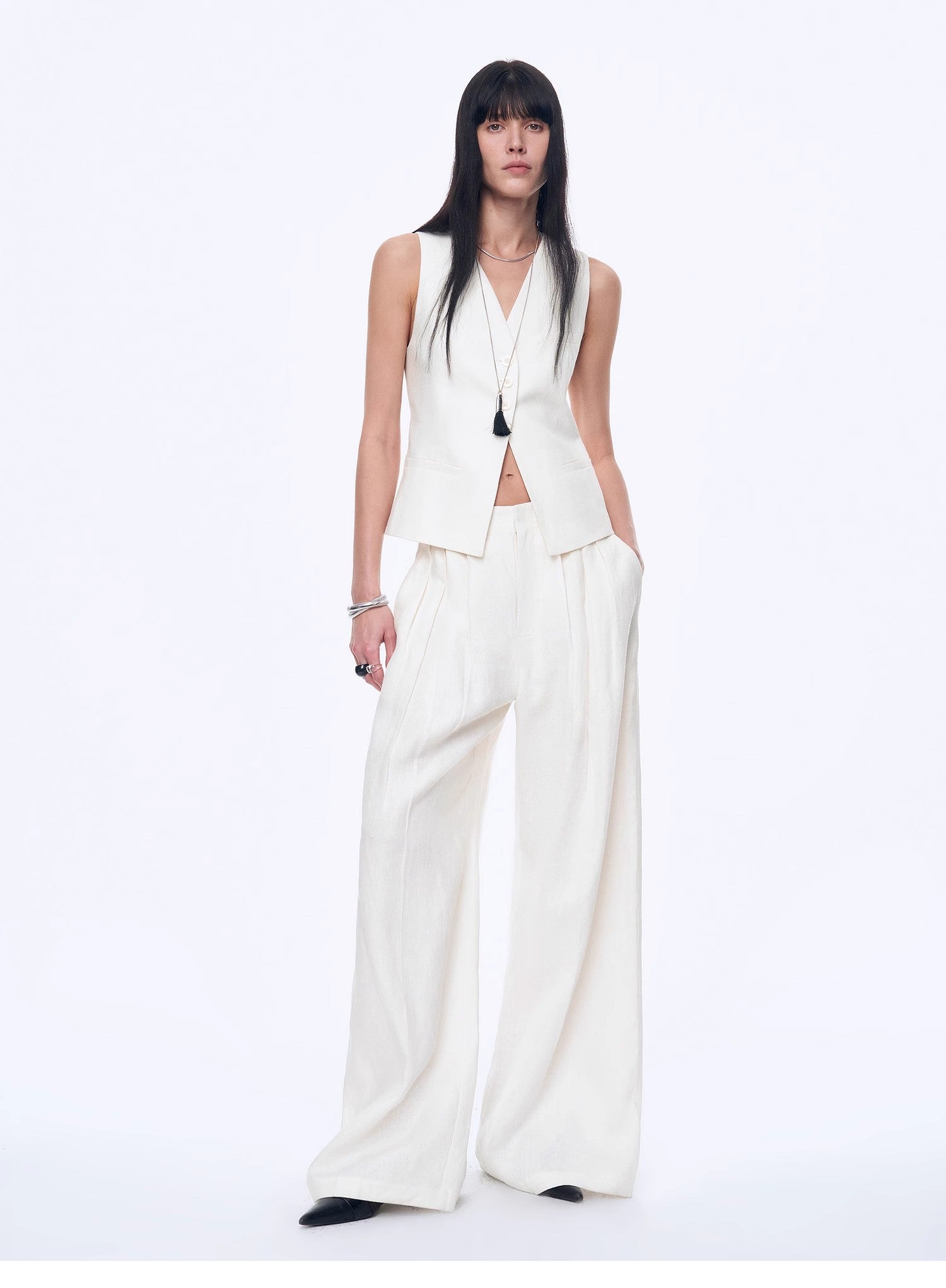 Fireladyfur Women's Linen Suit Set: Draped Vest & High-Waist Straight
