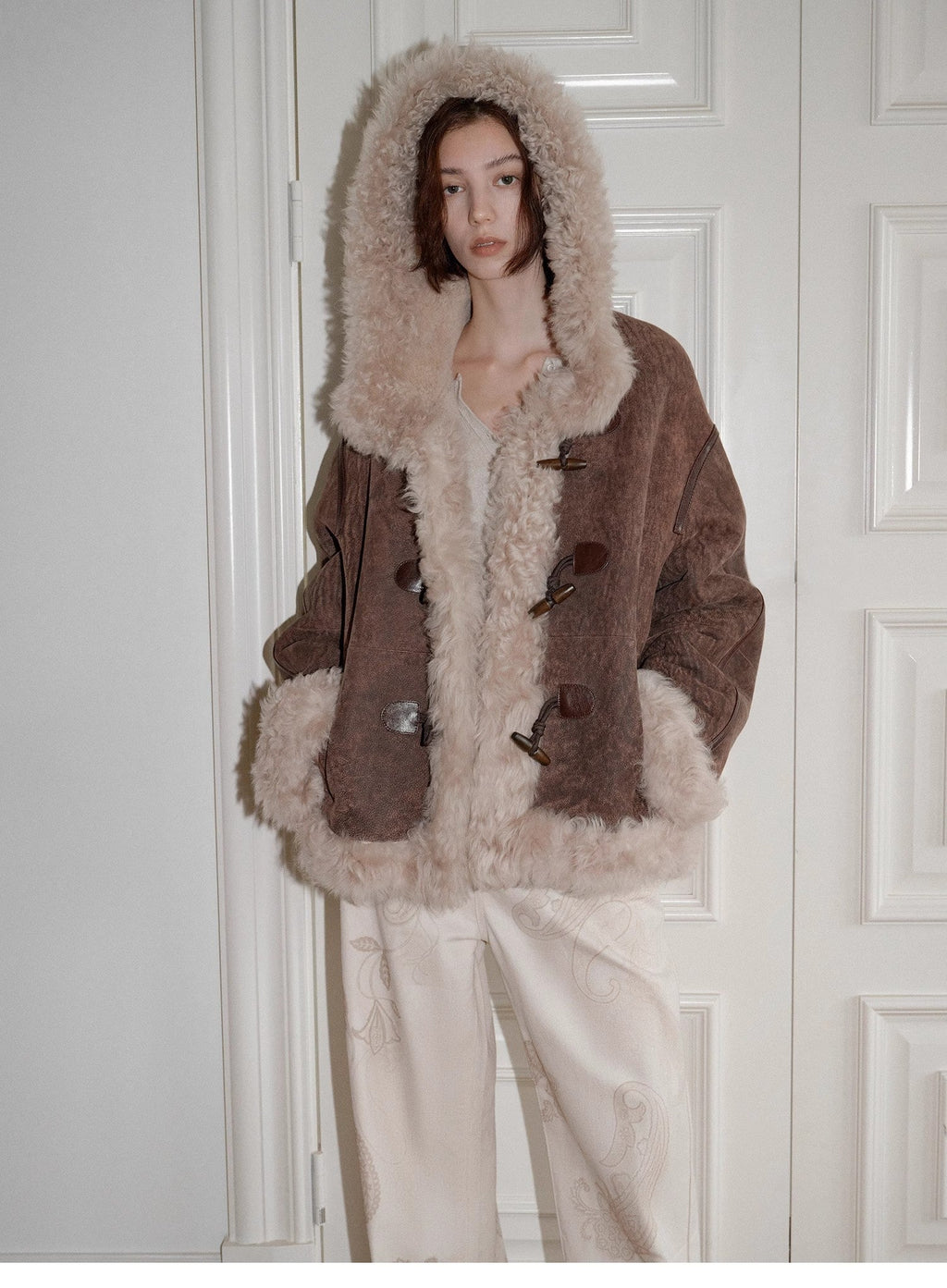 Fireladyfur Women's Shearling Coat - Drop Shoulder Hooded Merino Wool