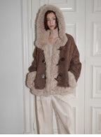 Fireladyfur Women's Shearling Coat - Drop Shoulder Hooded Merino Wool