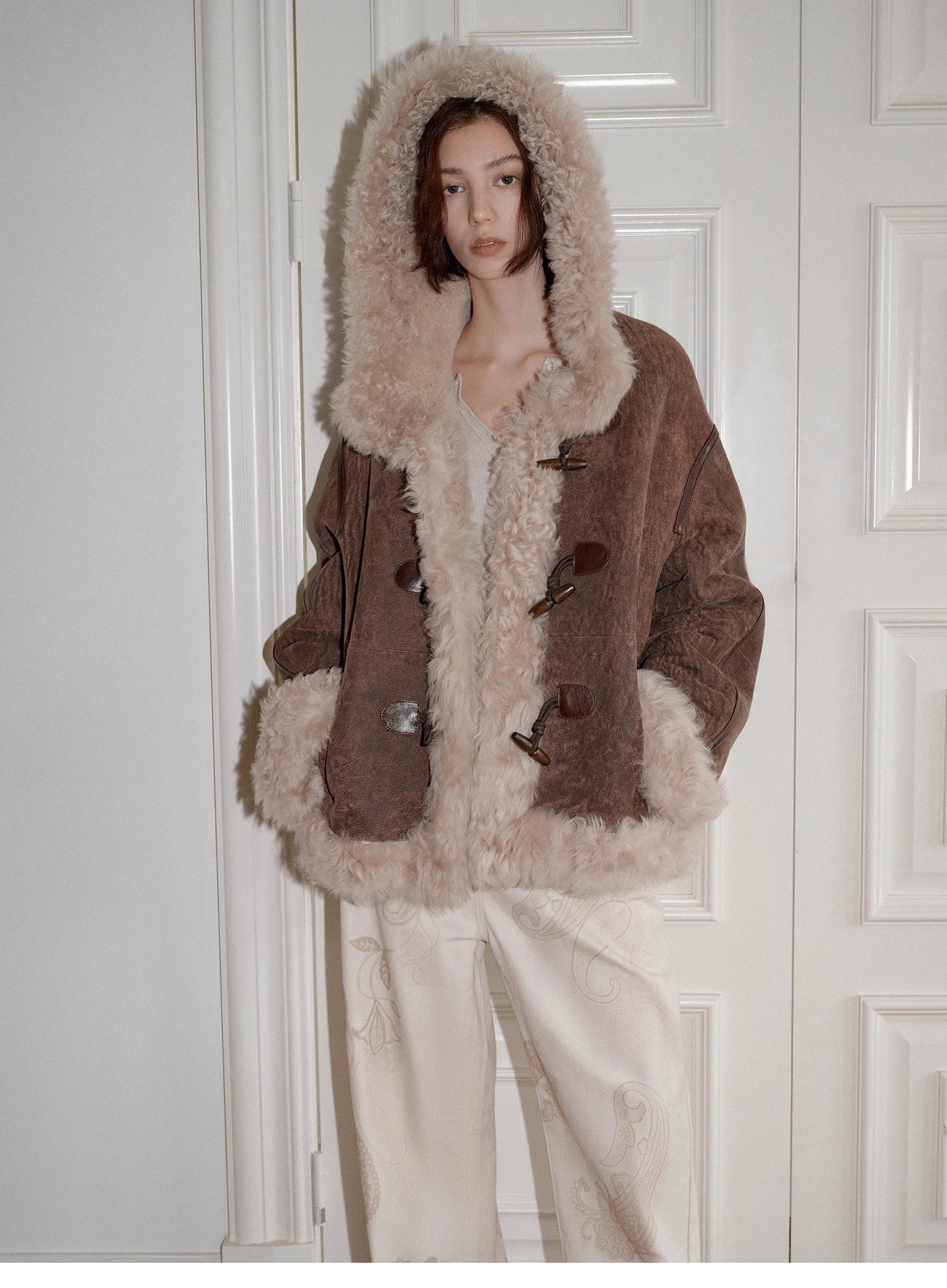 Fireladyfur Women's Shearling Coat - Drop Shoulder Hooded Merino Wool