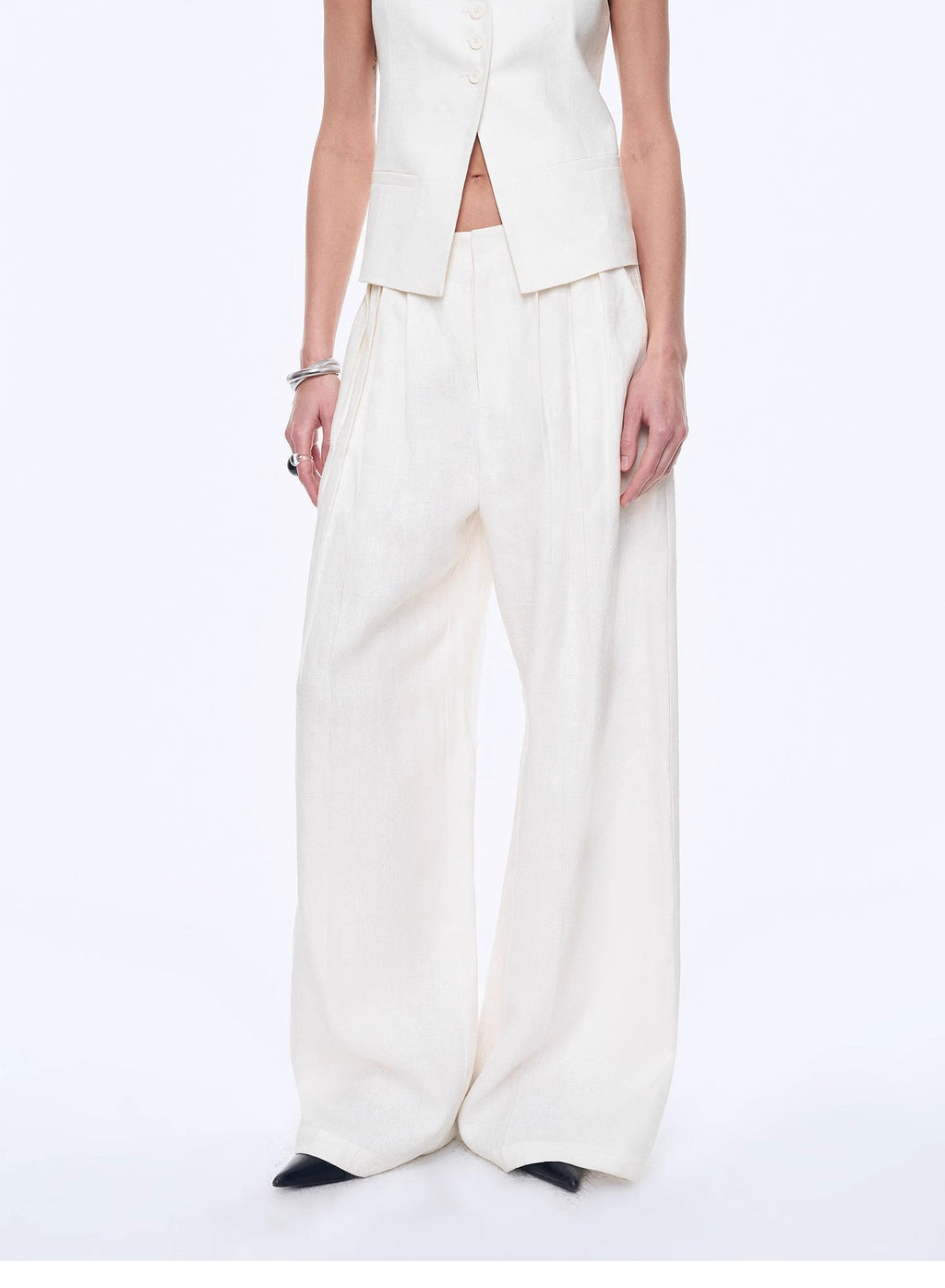 Fireladyfur Women's Linen Suit Set: Draped Vest & High-Waist Straight