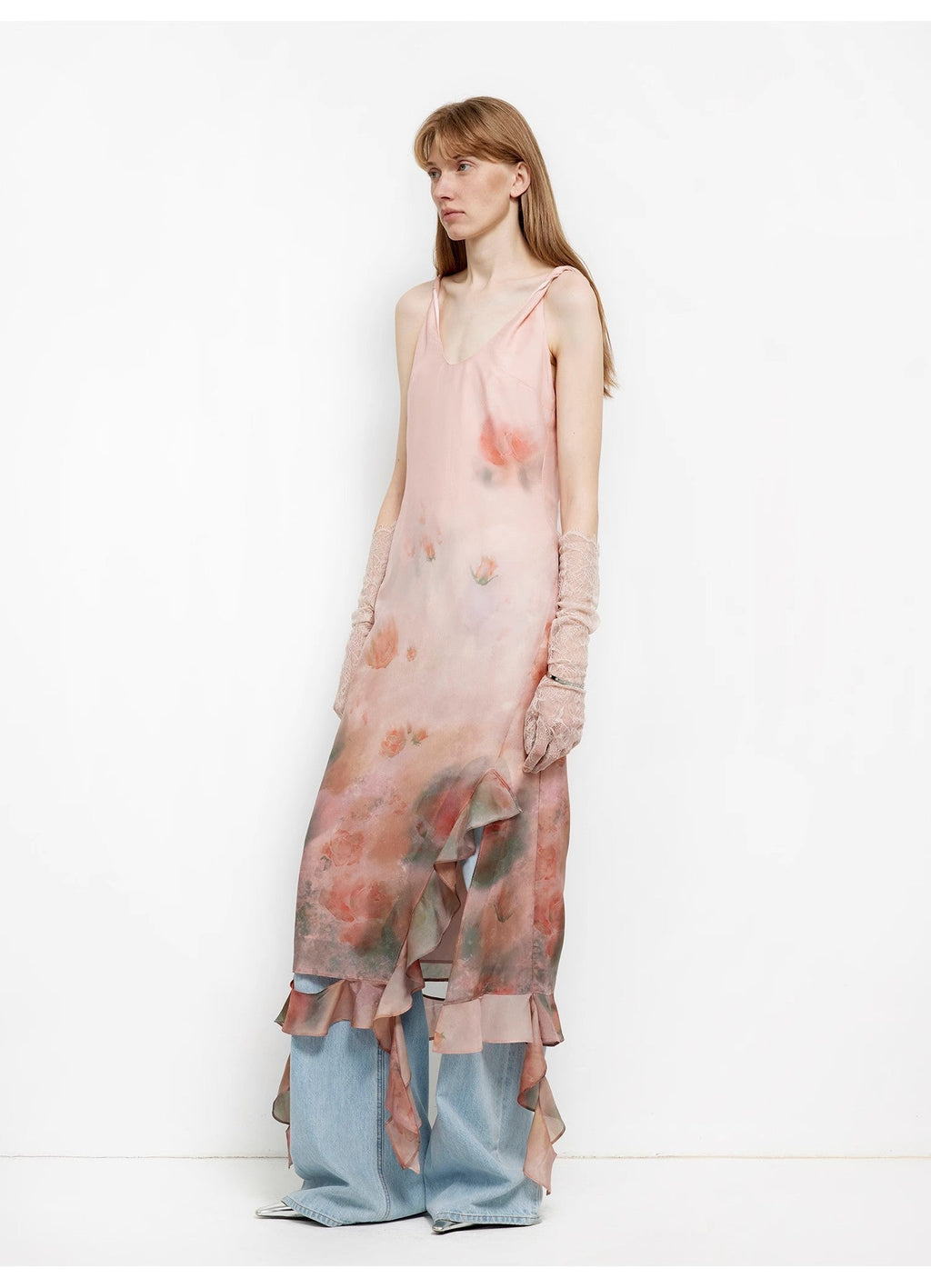 Acetate Mulberry Silk V-Neck Ruffled Draped Twist Strap Summer Dress