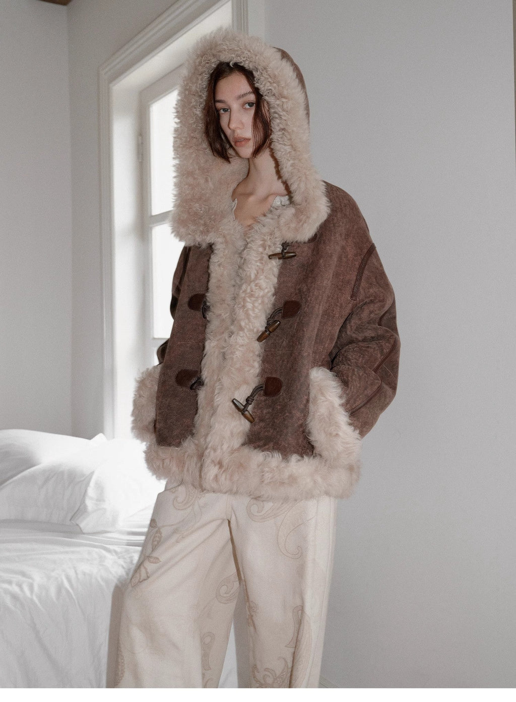 Fireladyfur Women's Shearling Coat - Drop Shoulder Hooded Merino Wool