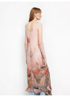 Acetate Mulberry Silk V-Neck Ruffled Draped Twist Strap Summer Dress