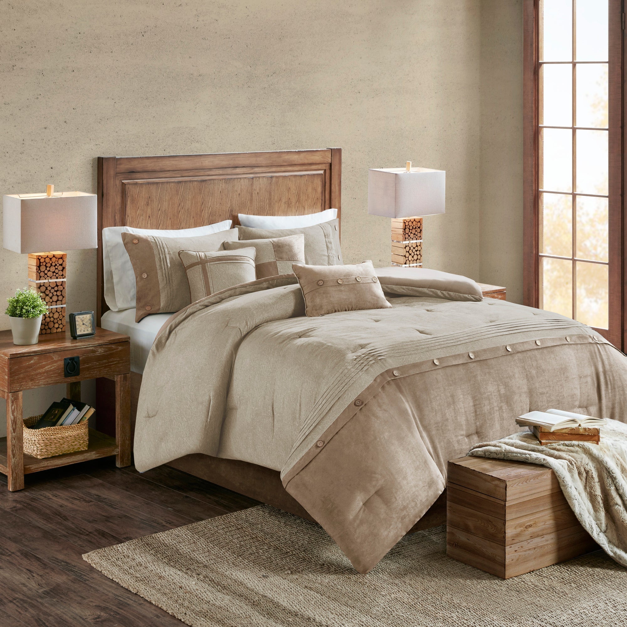 7 Piece Faux Suede Comforter Set Tan Cal King