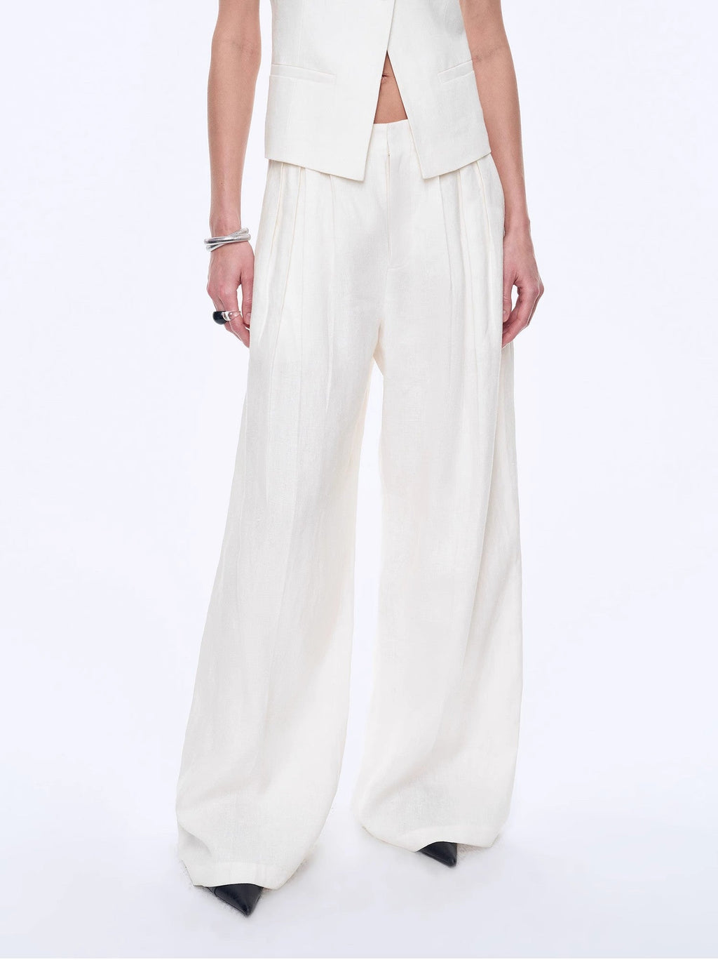 Fireladyfur Women's Linen Suit Set: Draped Vest & High-Waist Straight