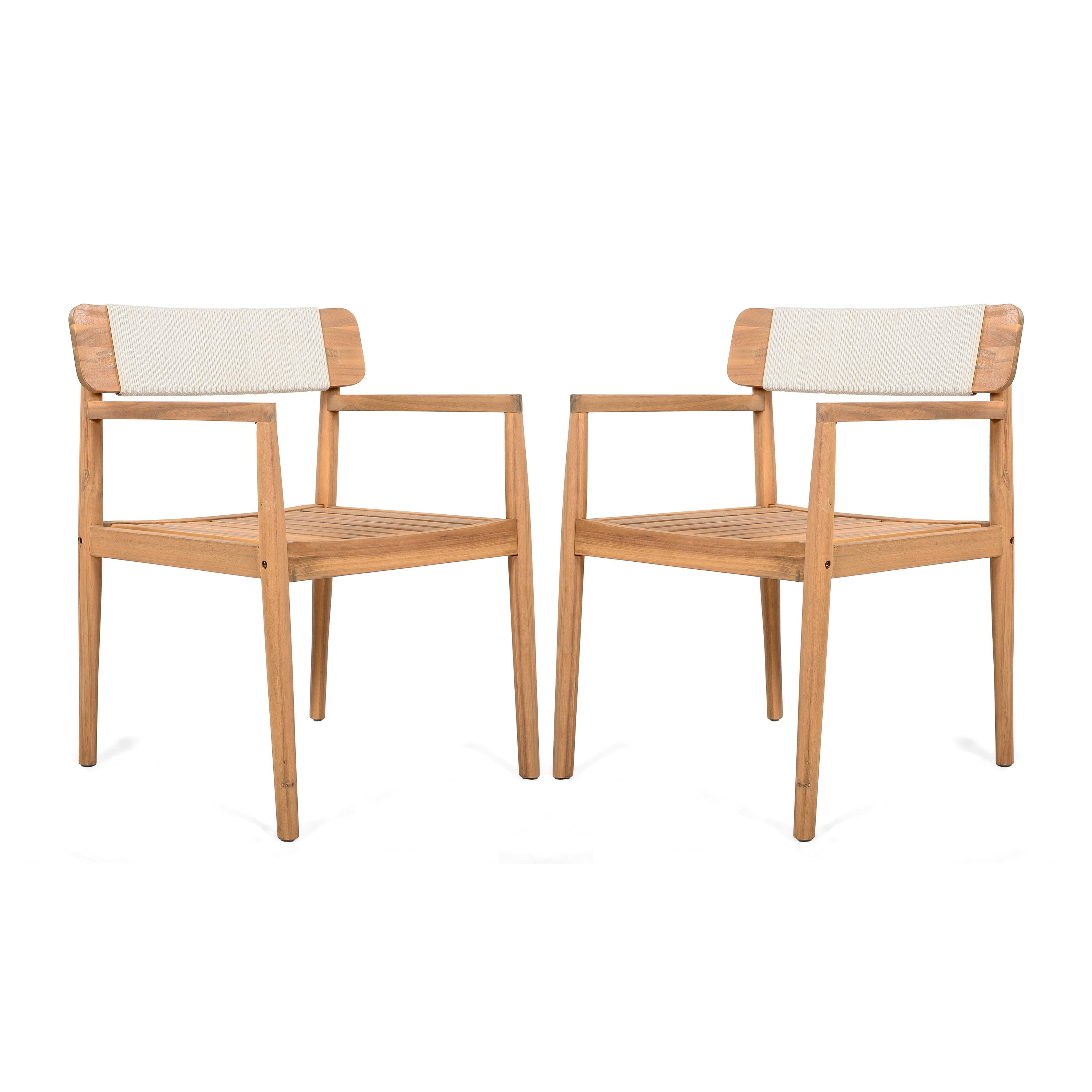 Creative Braided Acacia Wood Outdoor Dining Chairs with Armrests – Set of 2