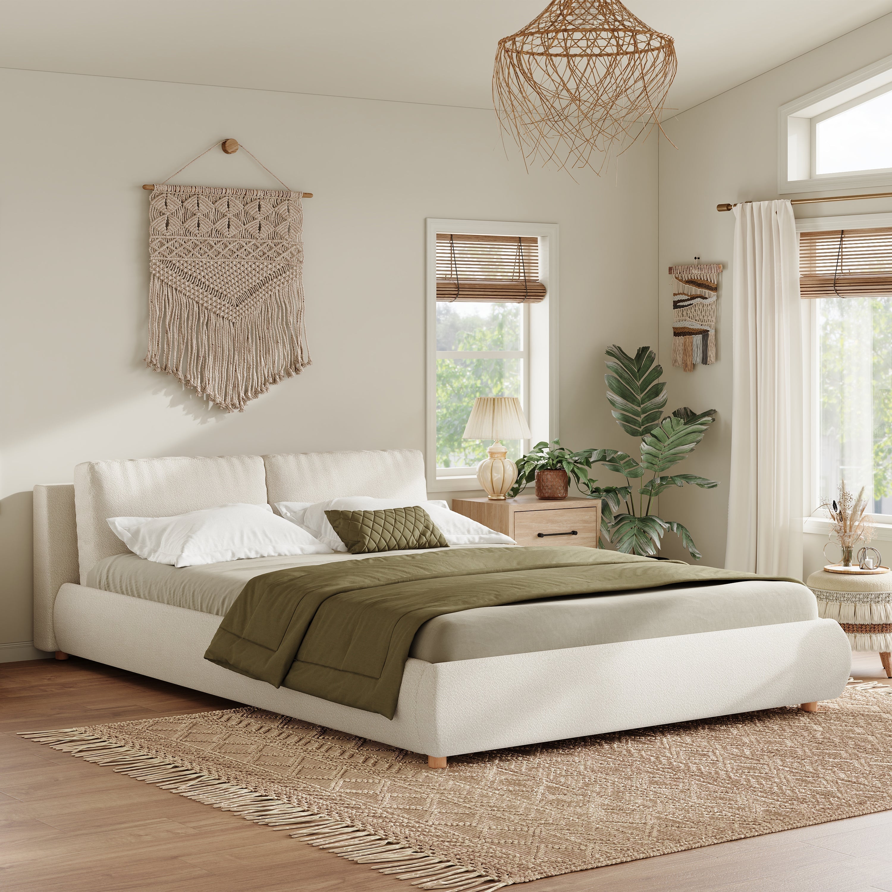 Queen Size Upholstered Platform Bed with Two Removable Pillow Headboard