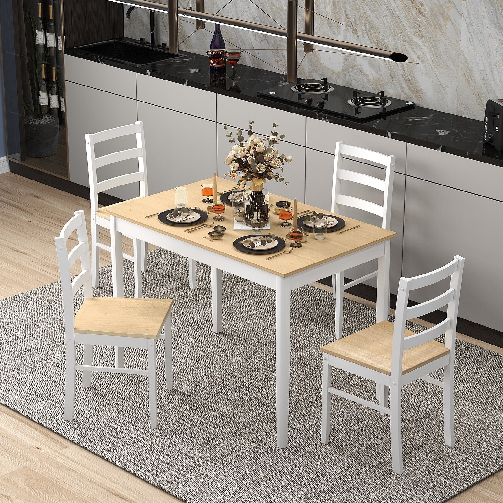 5-Piece Wooden Dining Set with Rectangular Table and 4 Chairs-Natural