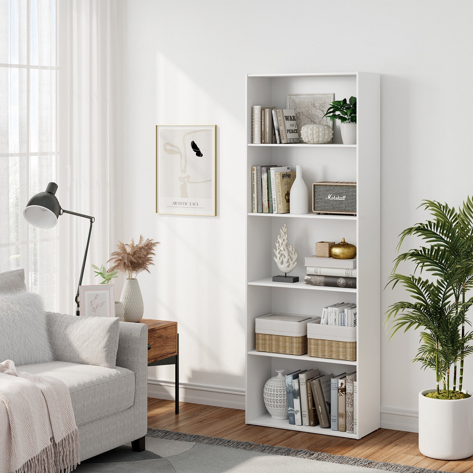 5-Shelf Storage Bookcase Modern Multi-Functional Display Cabinet-White