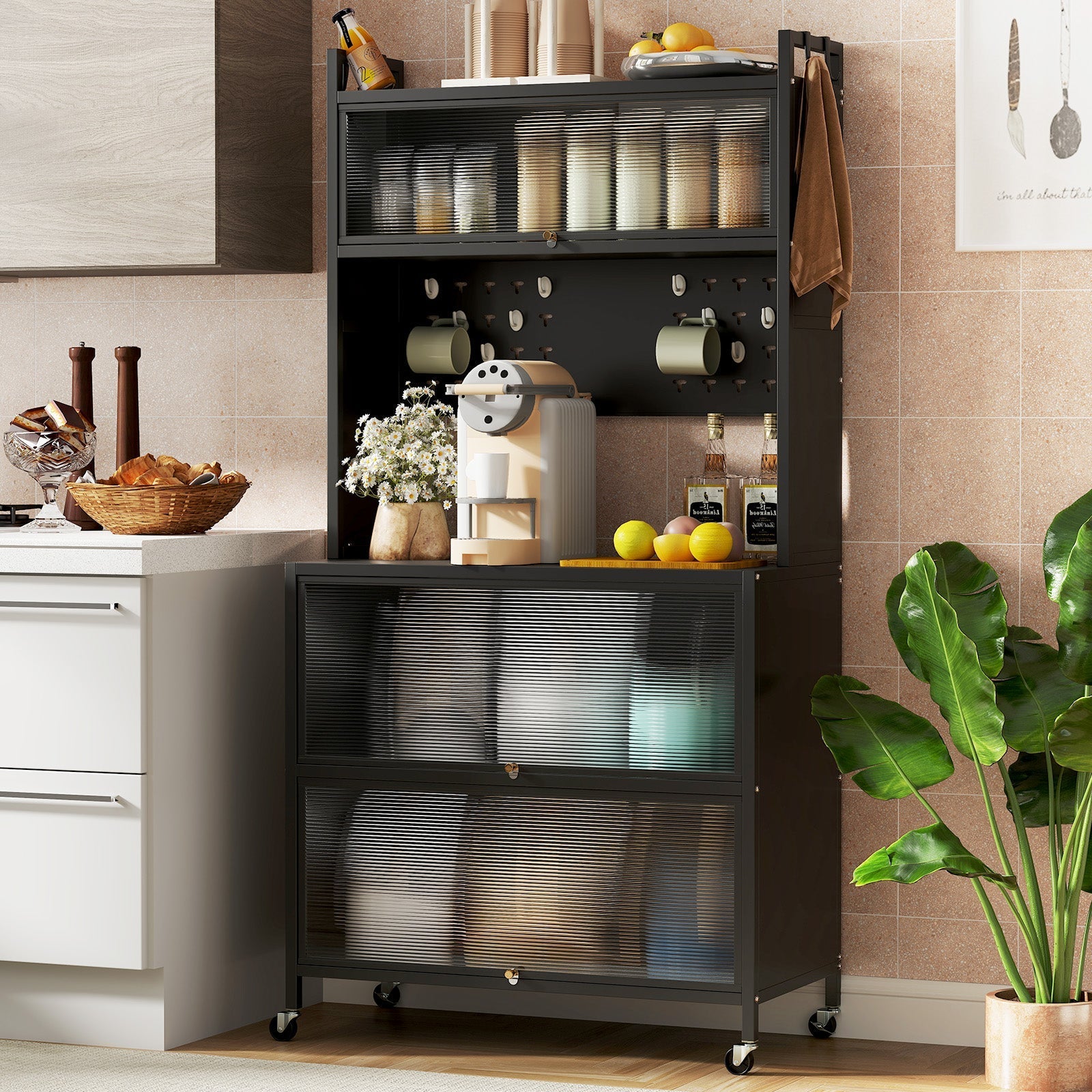 5 Tier Kitchen Bakers Rack with Lights Multifunctional Microwave Stand with Flip Door Cabinets-Black
