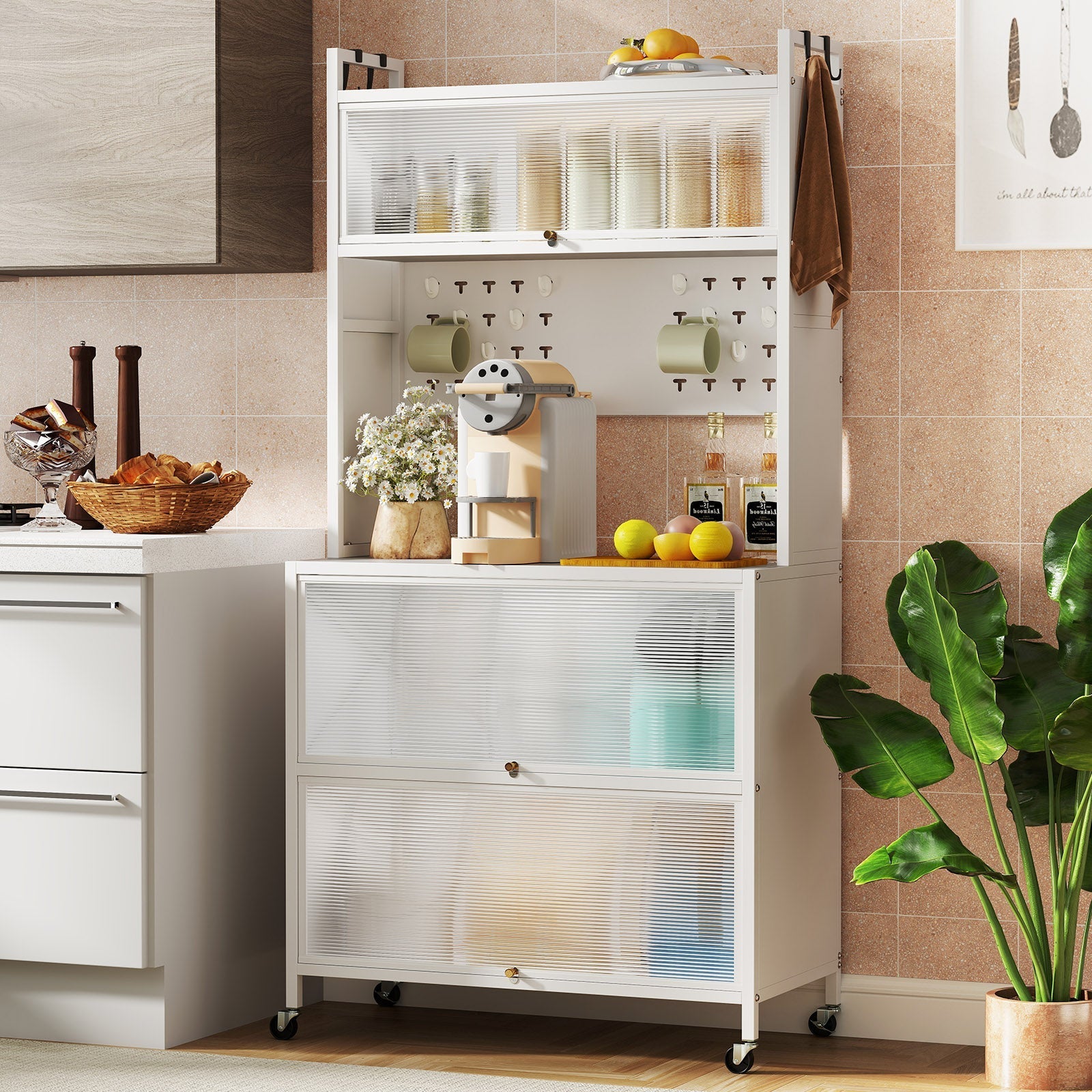 5 Tier Kitchen Bakers Rack with Lights Multifunctional Microwave Stand with Flip Door Cabinets-White