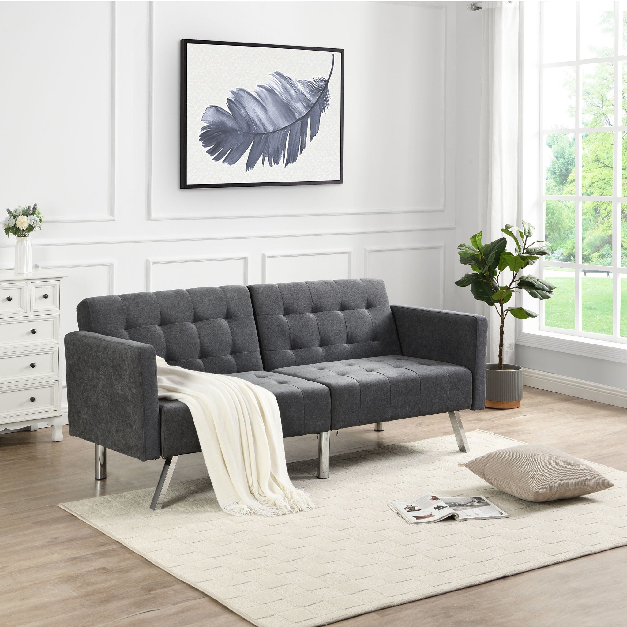Sofa Bed Convertible Folding Lounge Couch Loveseat Sleeper Sofa Armrests - Dark Gray