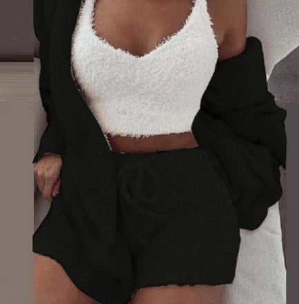 3pcs Womens Clothing Long Sleeve Crop Tank Top And Drawstring Shorts