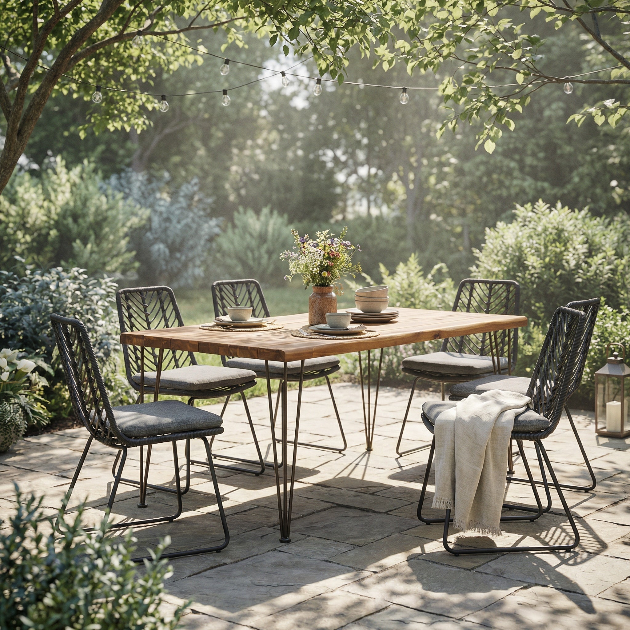 7-Piece Outdoor Dining Set for 6 with Acacia Wood Table and Rattan Chairs