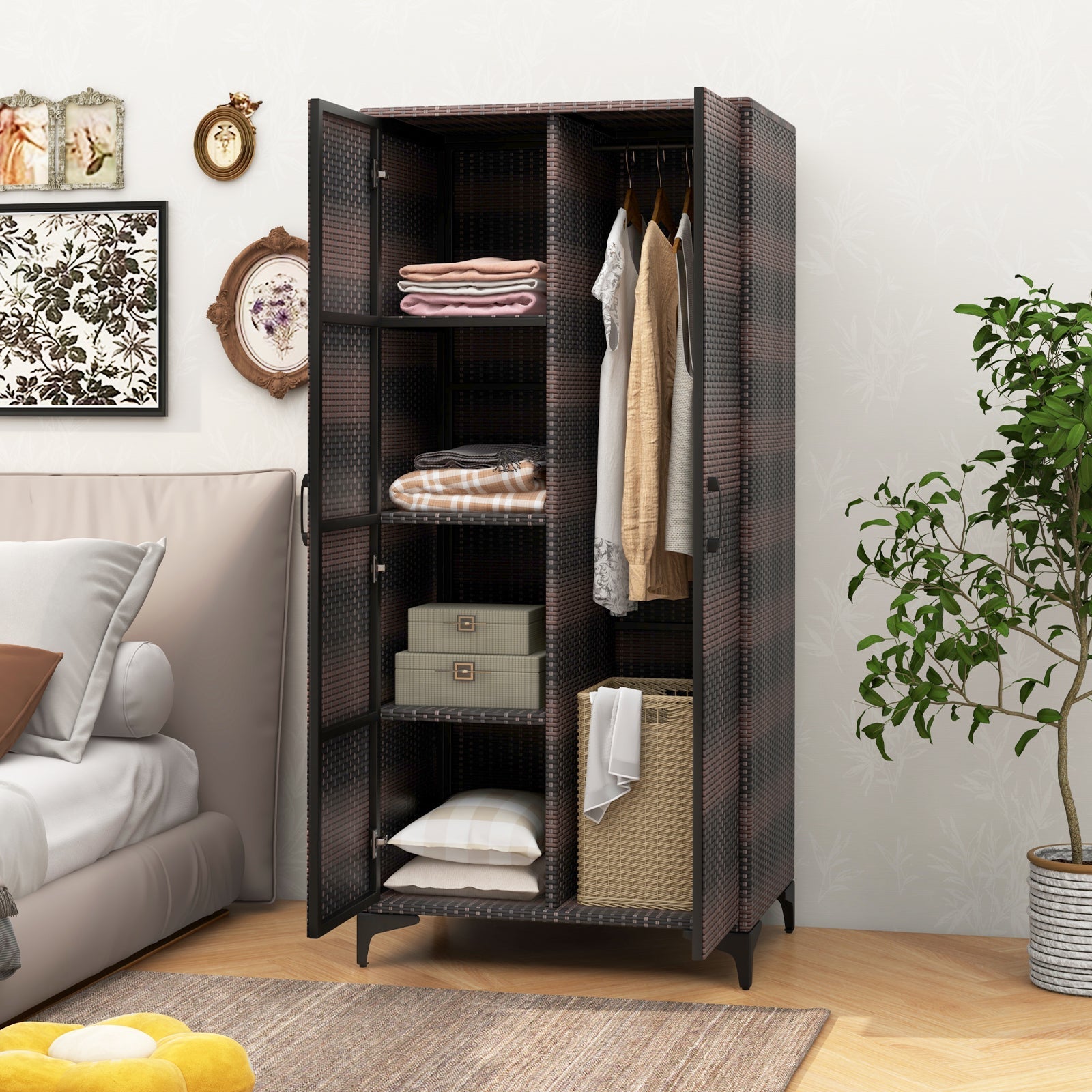 62 Inch Wicker Wardrobe with 2 Doors PE Rattan Closet with Hanging Rod-Brown