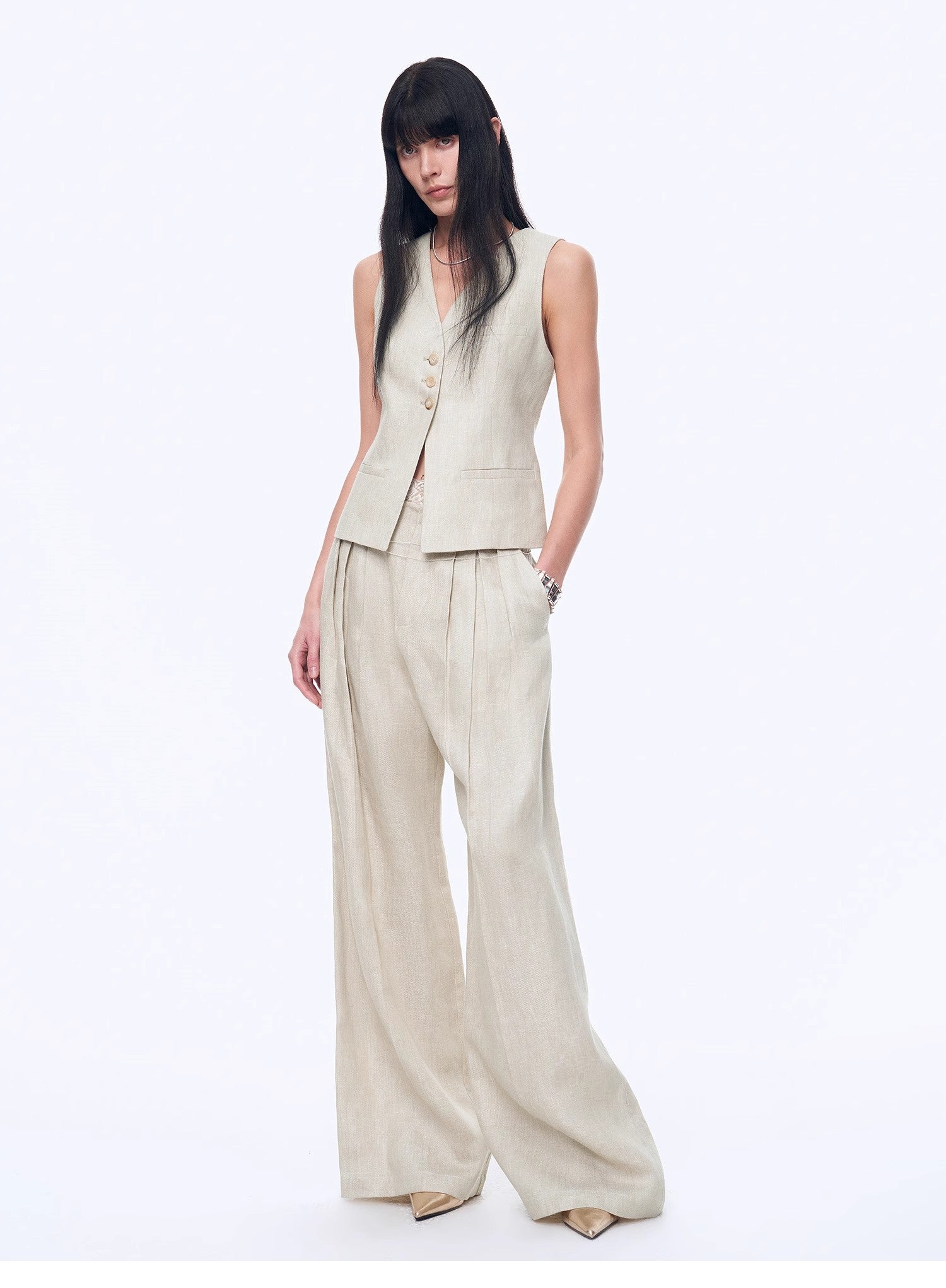 Fireladyfur Women's Linen Suit Set: Draped Vest & High-Waist Straight