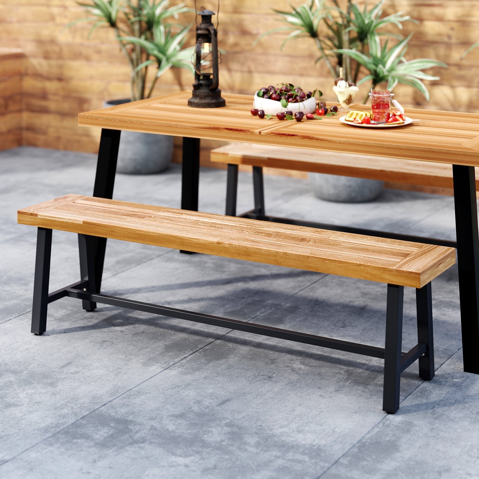 63 Inch 3-Person Acacia Patio Wood Outdoor Backless Bench-Set of 2