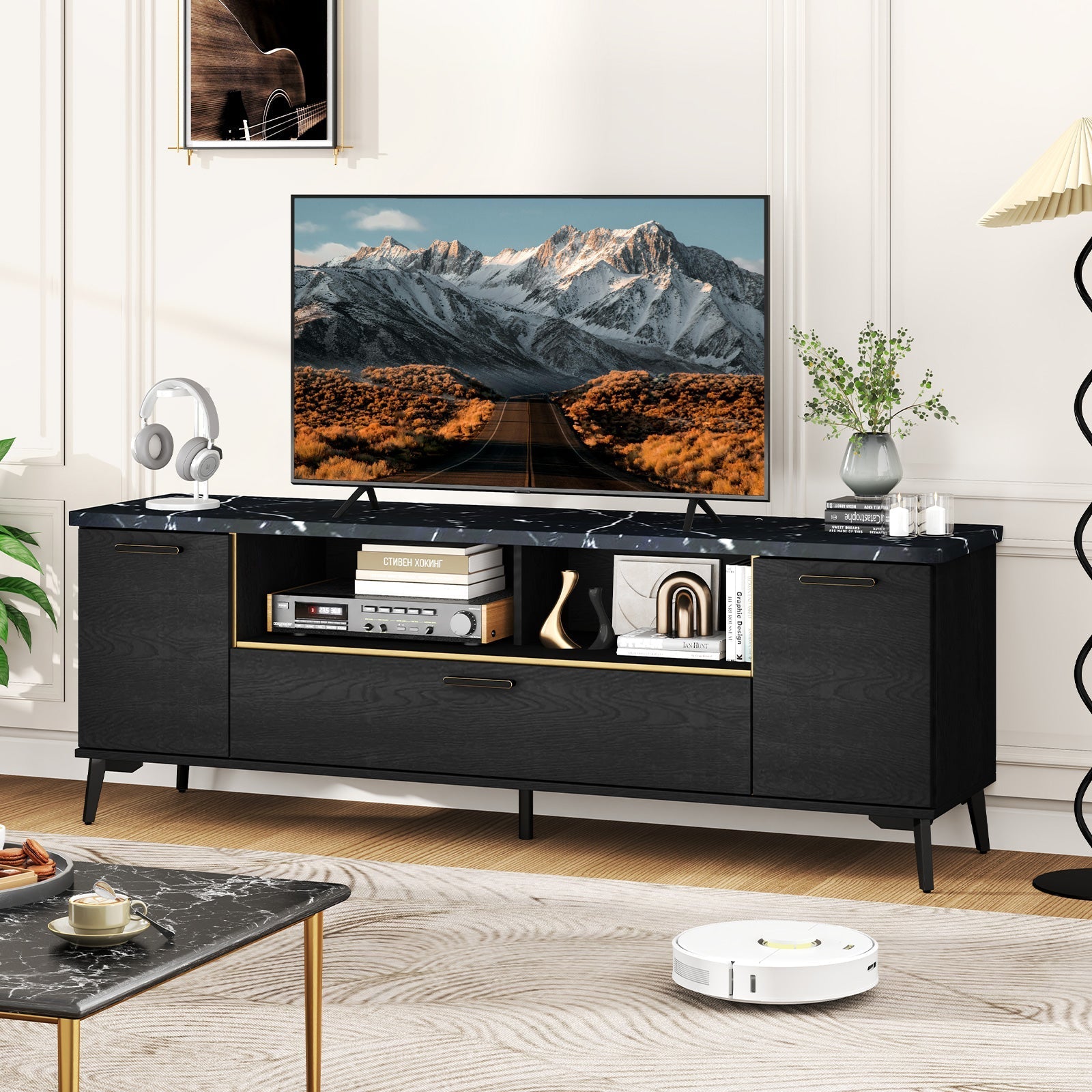 63 Inch TV Stand with Flip Door Cabinet for TVs up to 75 Inch-Black