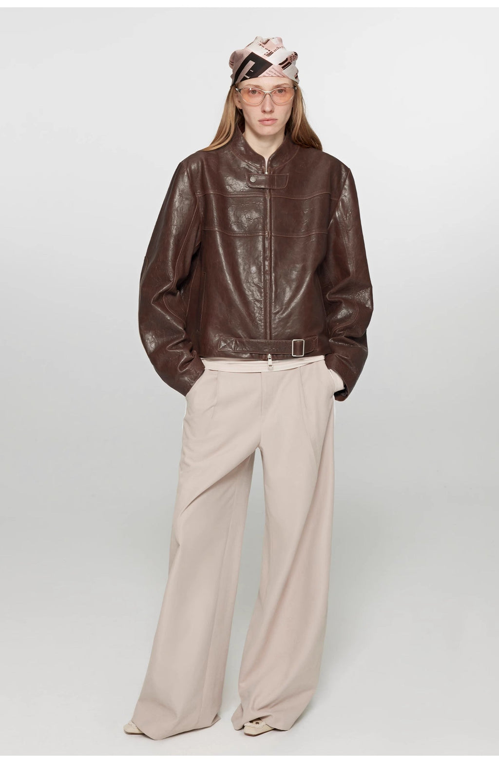 Retro Sheepskin Stand Collar Short Motorcycle Jacket “Caramel