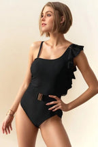 Davi & Dani Solid One Shoulder Ruffle One Piece Swimsuit