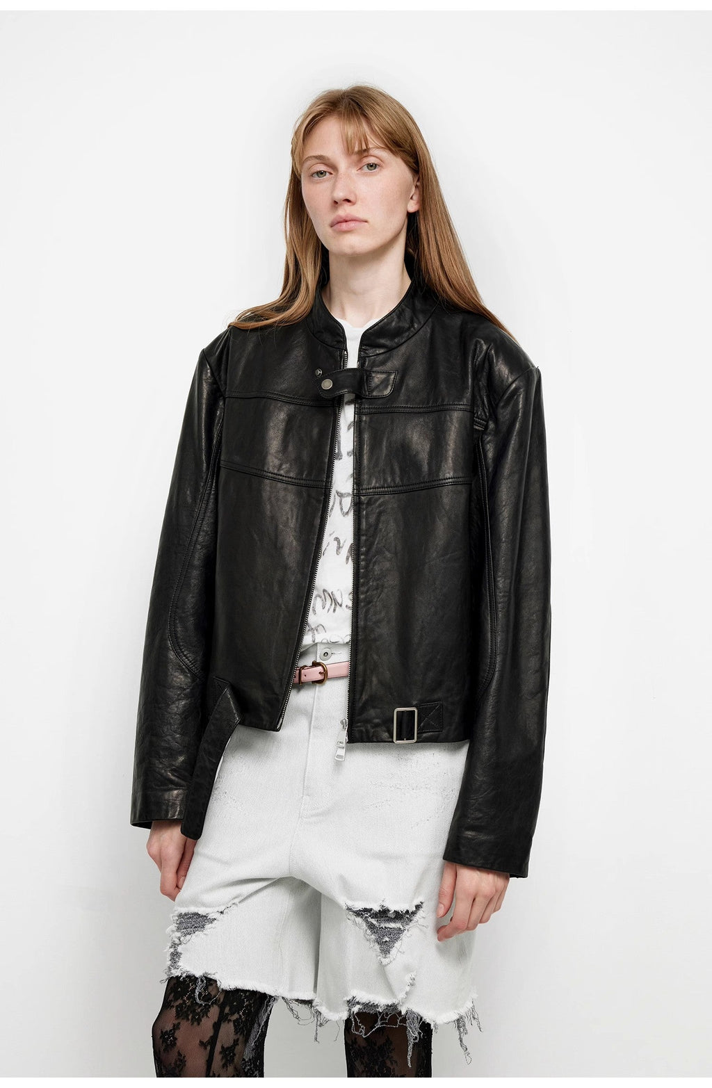 Retro Sheepskin Stand Collar Short Motorcycle Jacket “Caramel