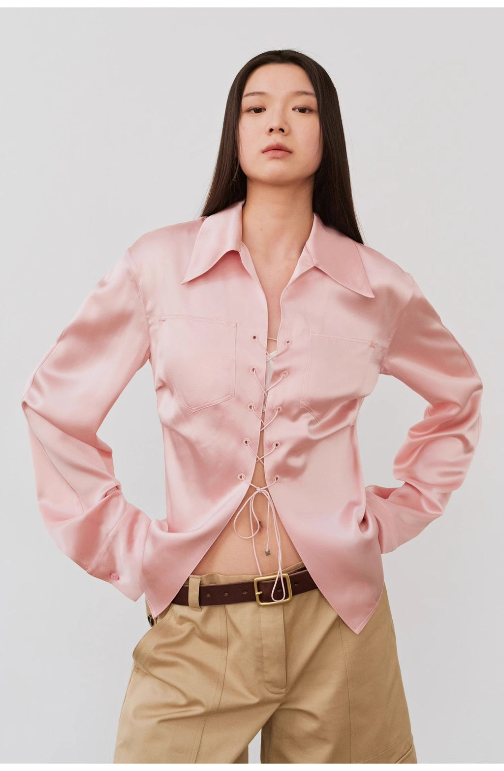 "Mercerized Spring Shadow" Acetate Shirt Women's Hollow String Pleated