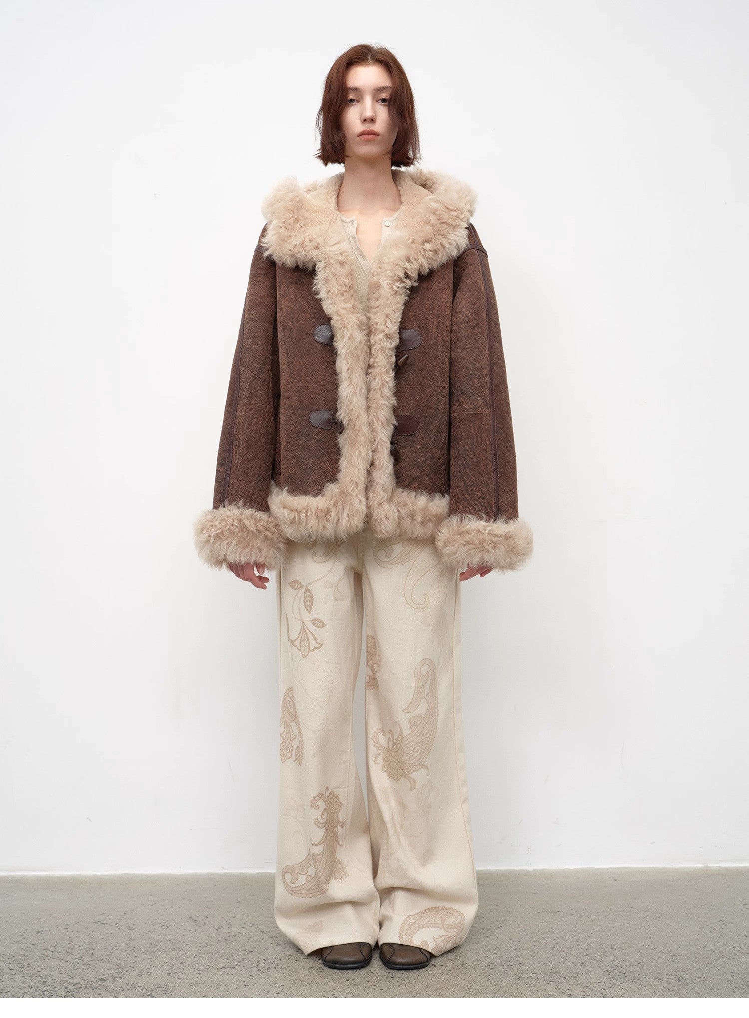 Fireladyfur Women's Shearling Coat - Drop Shoulder Hooded Merino Wool