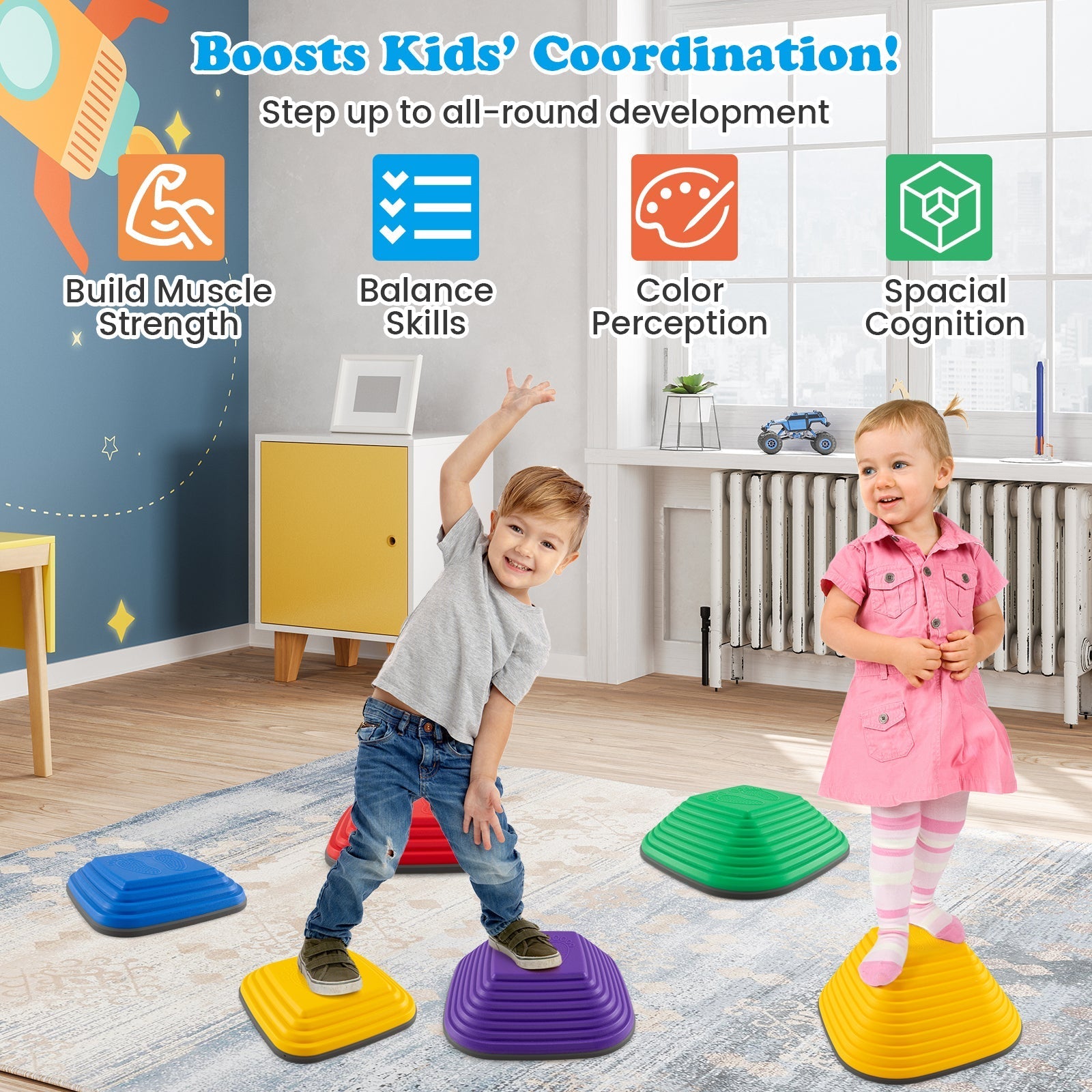 6 Pieces Kids Stepping Stone Square Balance Blocks Indoor Outdoor-Multicolor