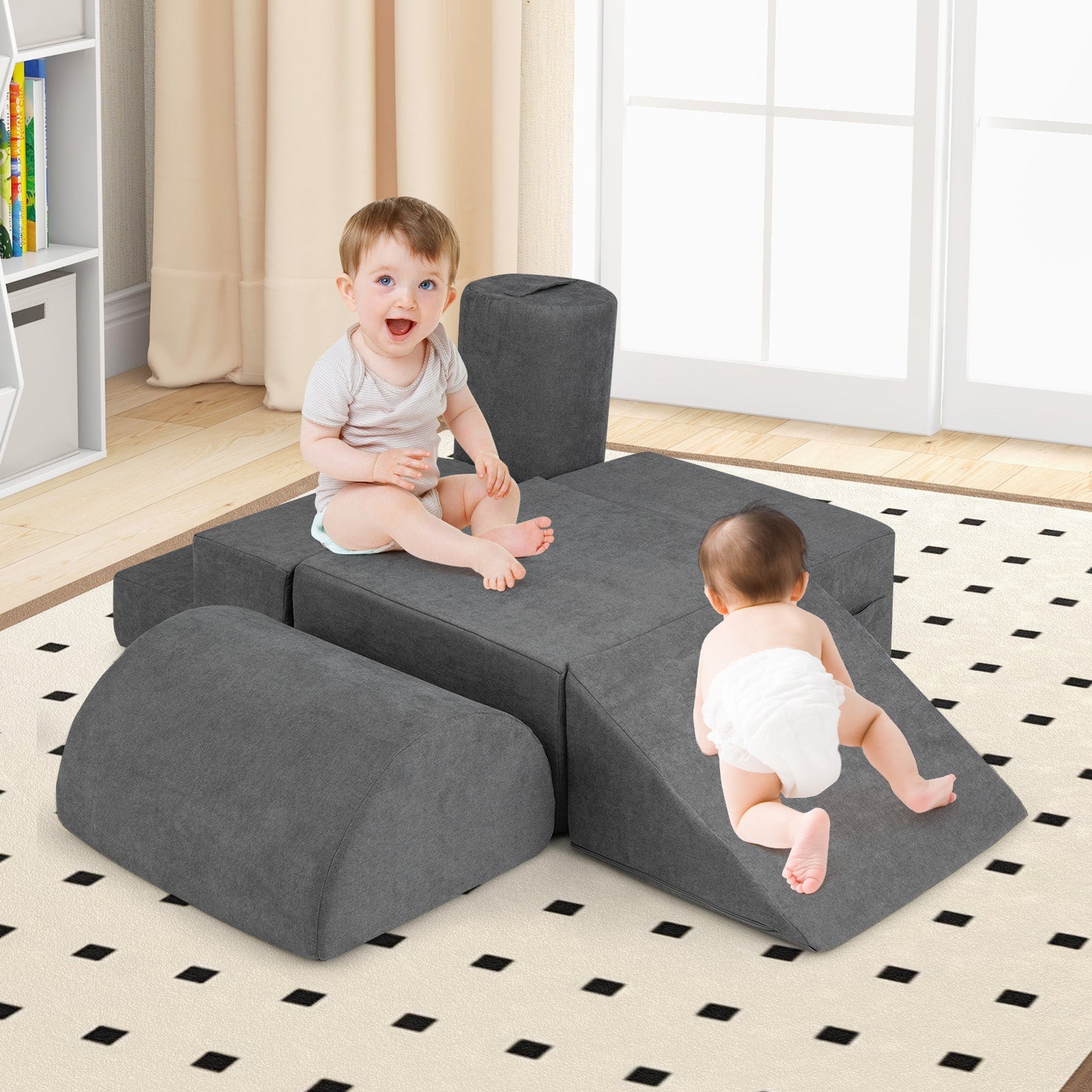 6-Piece Baby Climbing Blocks with 30D High-Density Foam and Carrying Handles-Gray