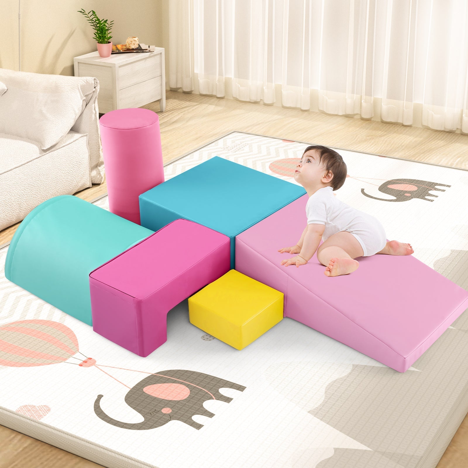 6 Pieces Foam Climbing Blocks Indoor Climb and Crawl Activity Playset with Rectangles-Pink