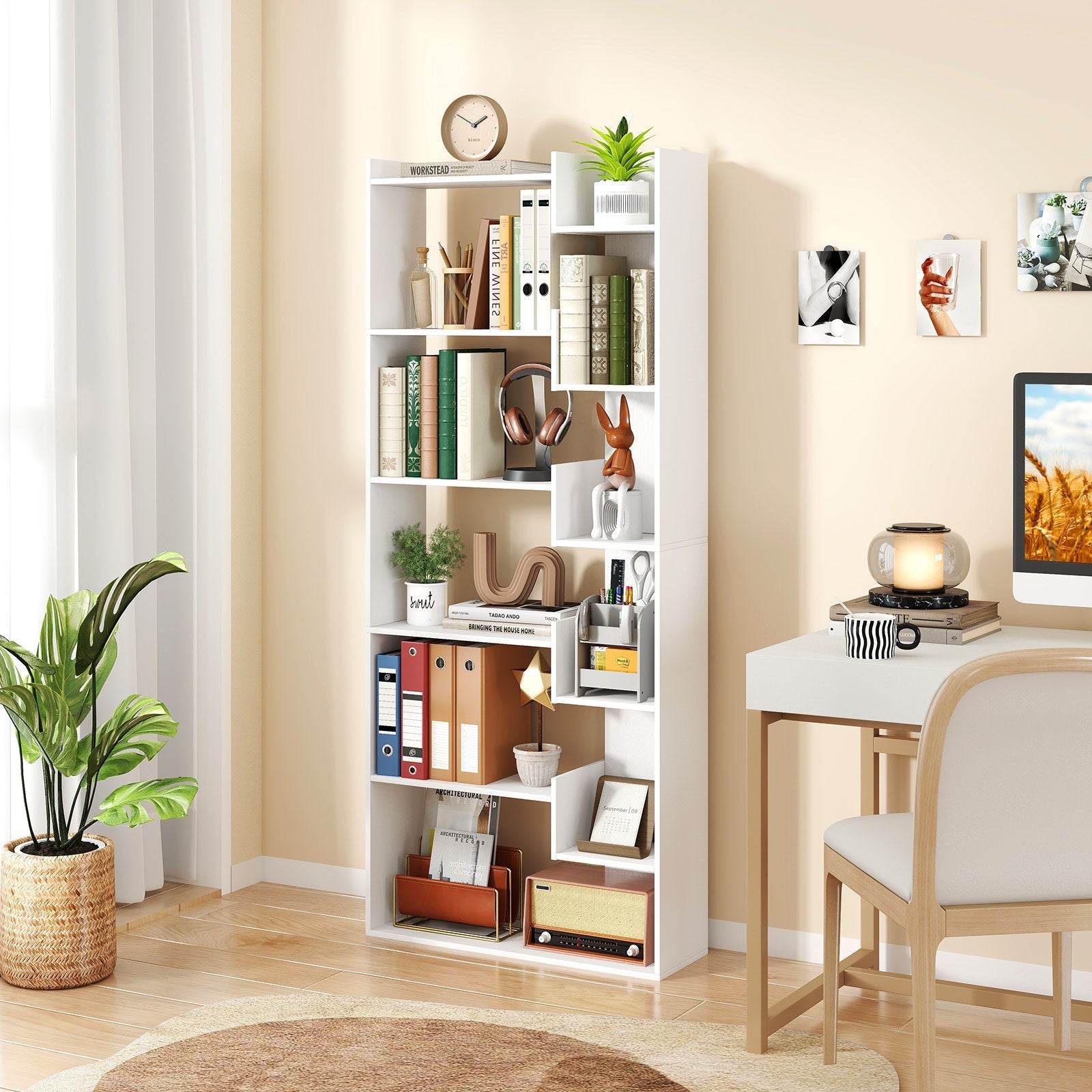 6-Tier Bookshelf Wooden Bookcase with 2 Anti-Tipping Kits Open Display Shelf-White