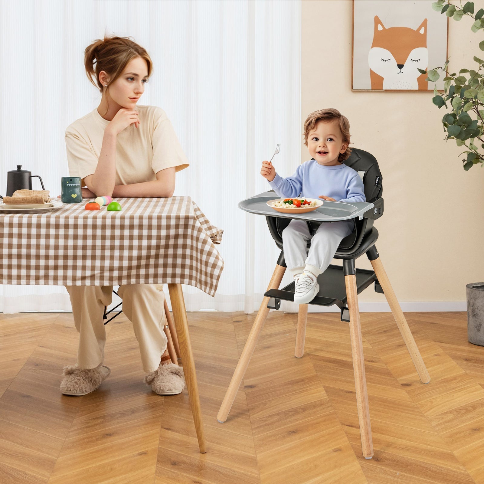 6 in 1 Convertible Highchair with Safety Harness and Removable Tray-Black