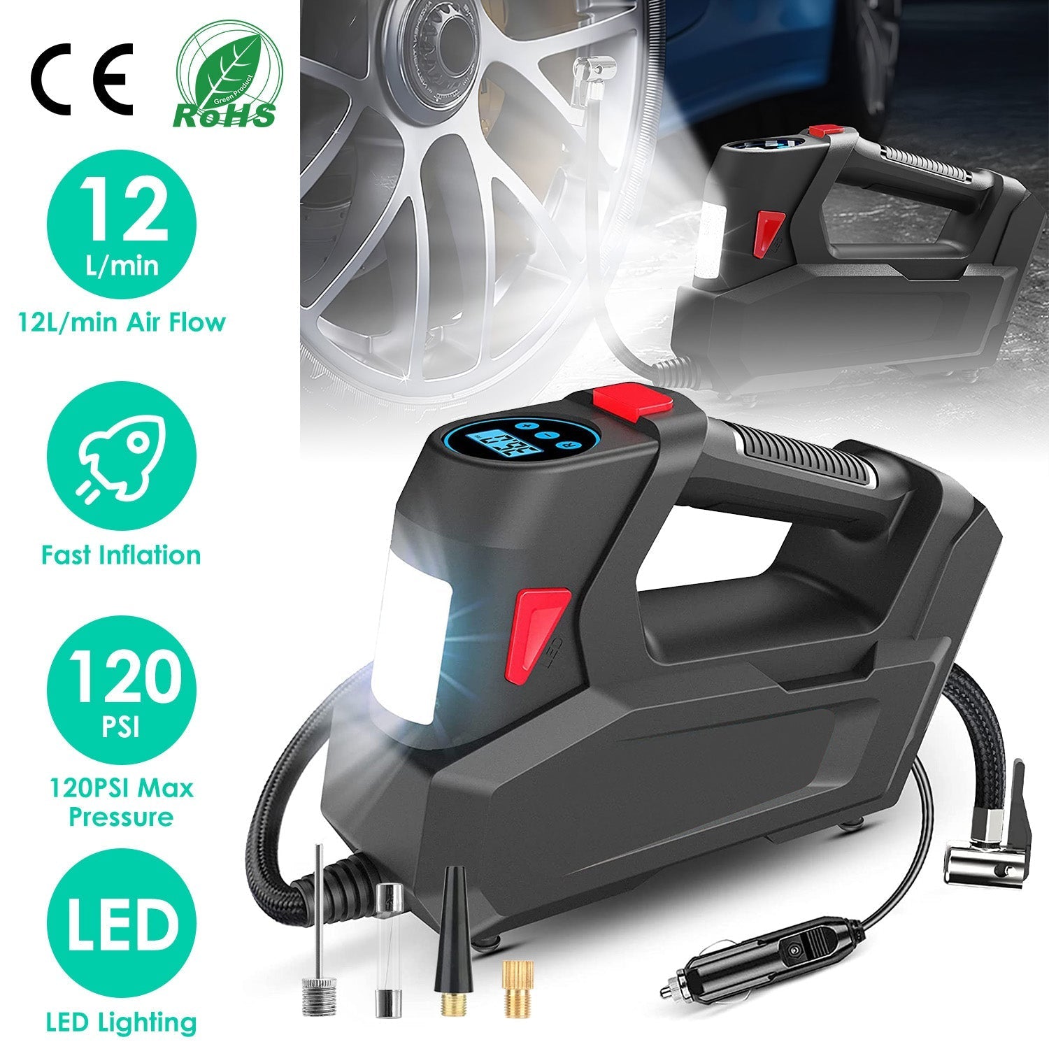 1Pc Portable Tire Inflator 120 PSI Maximum 90W Powered Tire Inflator
