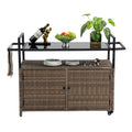 Outdoor Wicker Bar Cart with Glass Top and Wheels