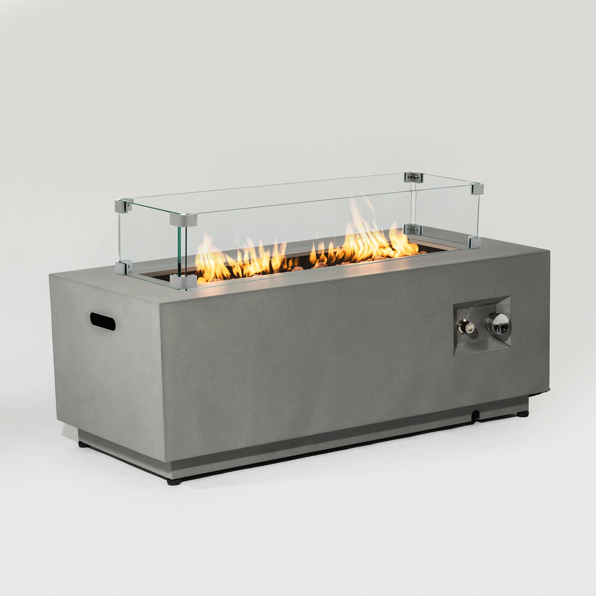42" Propane Gas Fire Pit Table, 50000 Btu Rectangular Steel Fire Pit With Glass Wind Guard For Outside Patio Deck Garden Courtyard - Gray
