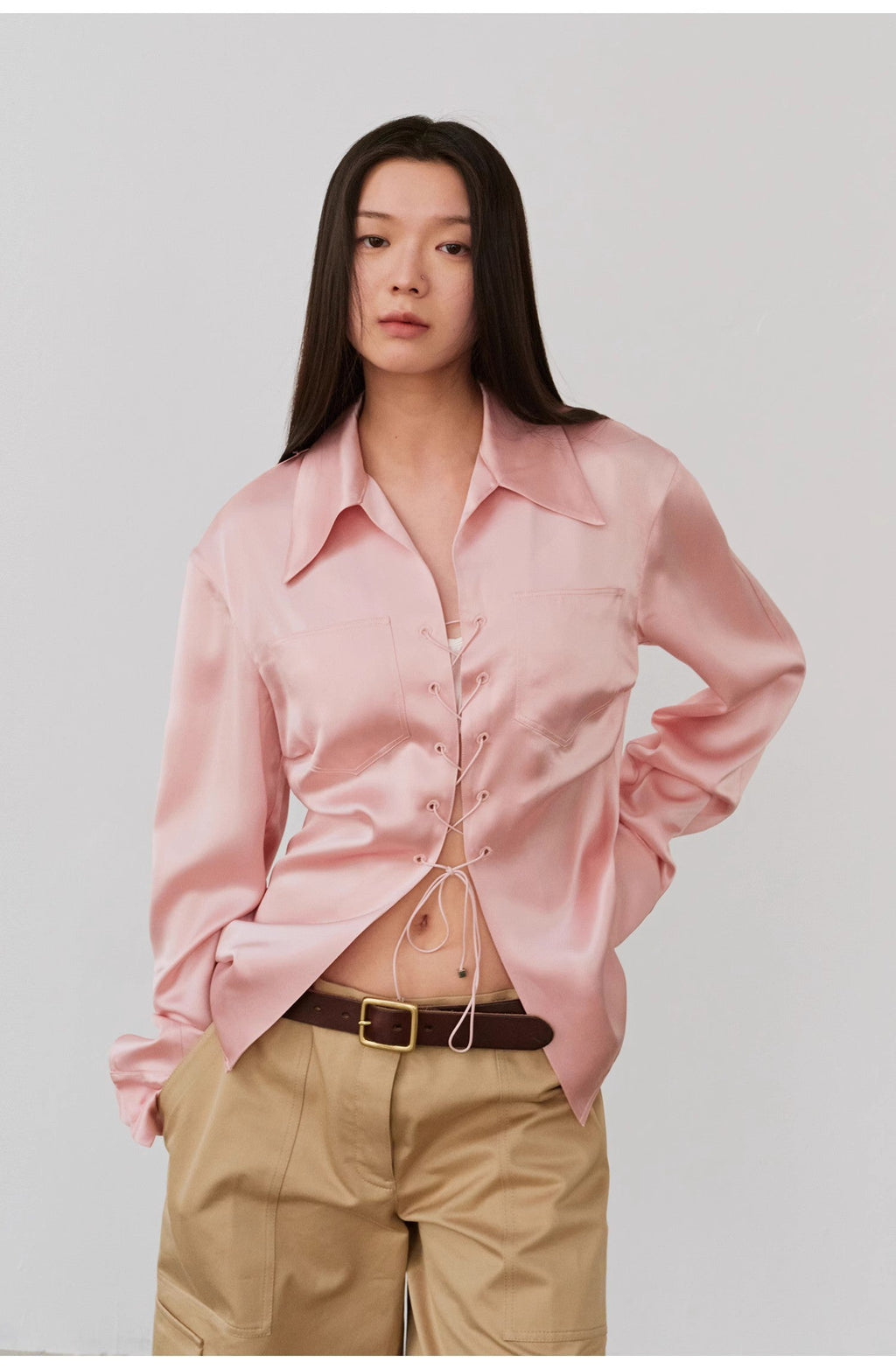 "Mercerized Spring Shadow" Acetate Shirt Women's Hollow String Pleated