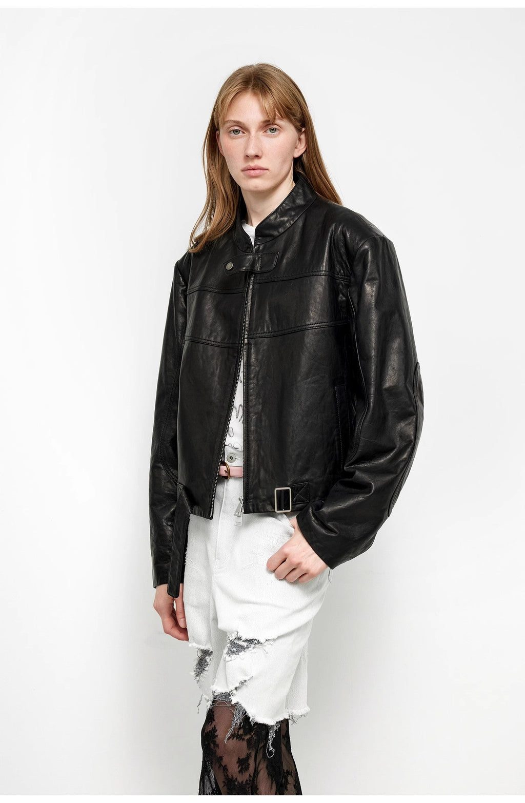 Retro Sheepskin Stand Collar Short Motorcycle Jacket “Caramel